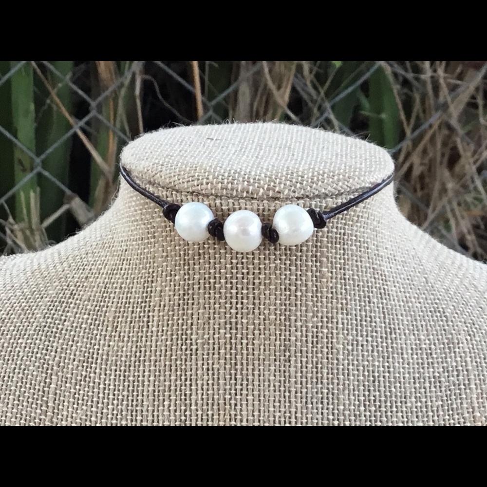 Four(4) 3 Freshwater Pearl Knotted Leather Choker
